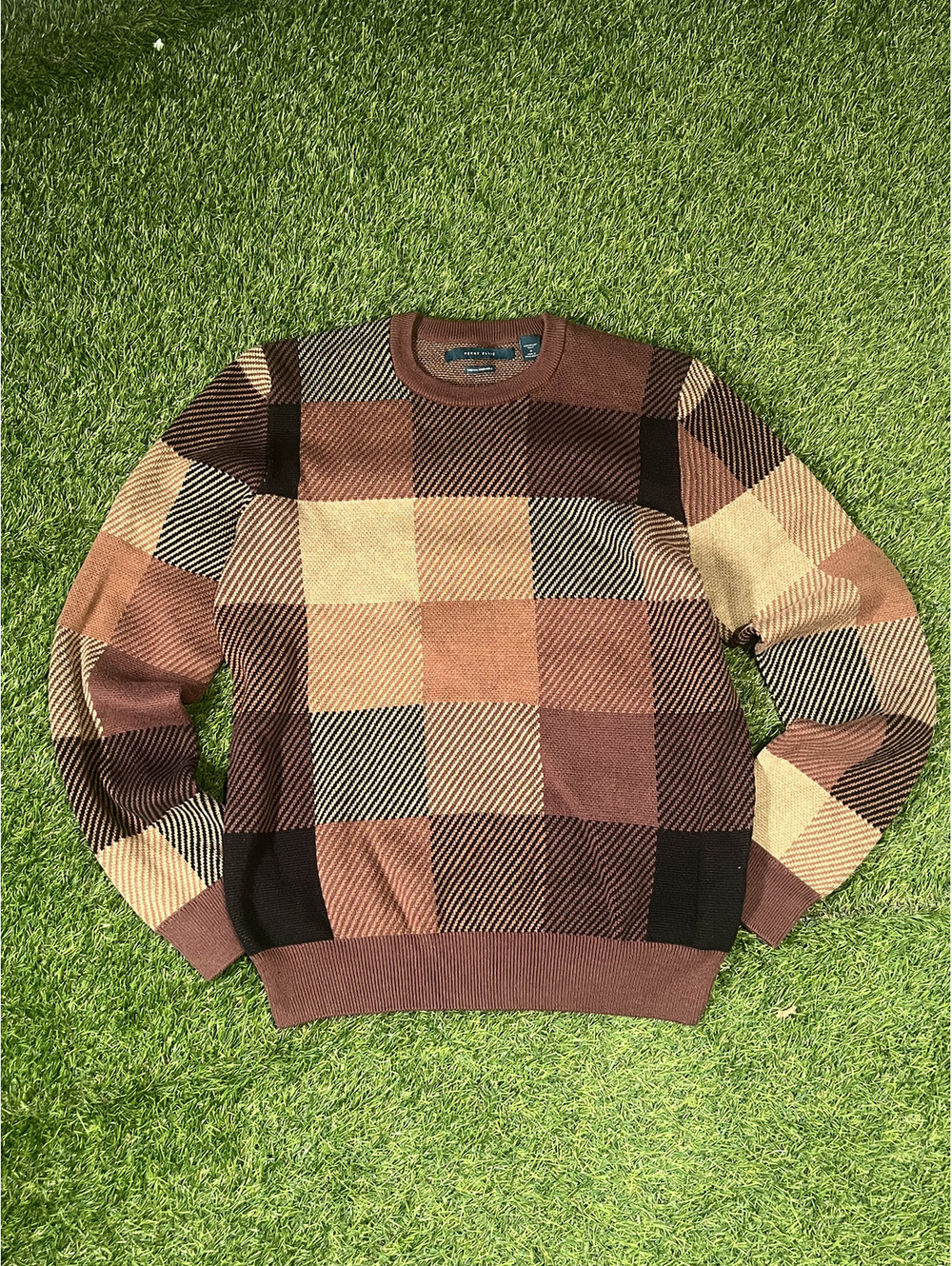 Vtg Perry Ellis Crew Neck Checkered Sweater Brown 100% Cotton Mens Size M